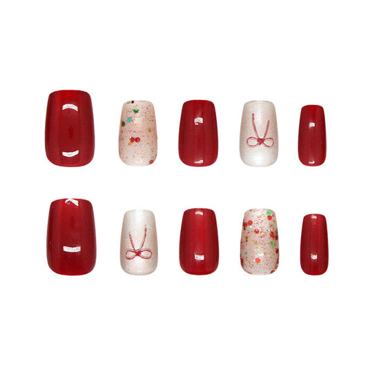 Charming Festive Elegance Short Coffin Red with Glitter and Cute Bow Designs Press On Nail Set
