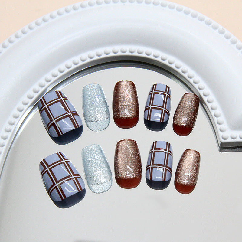 Chic Elegance Short Coffin Blue and Brown Checkered Gradient Press on Nail Set