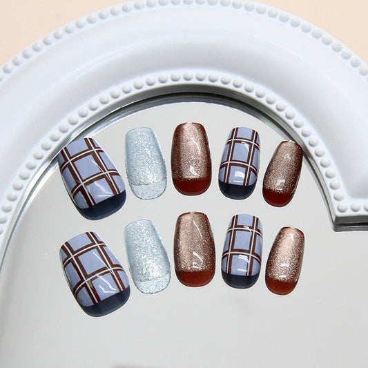 Chic Elegance Short Coffin Blue and Brown Checkered Gradient Press on Nail Set