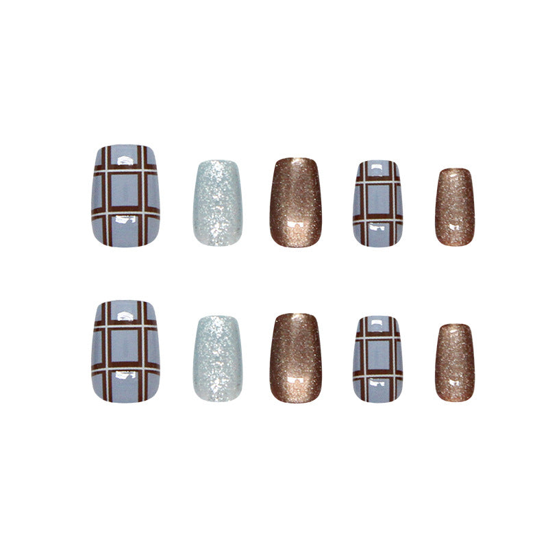 Chic Glamour Lengthy Short Coffin Blue and Brown Patterned Press-On Nail Set with Sparkling Finish
