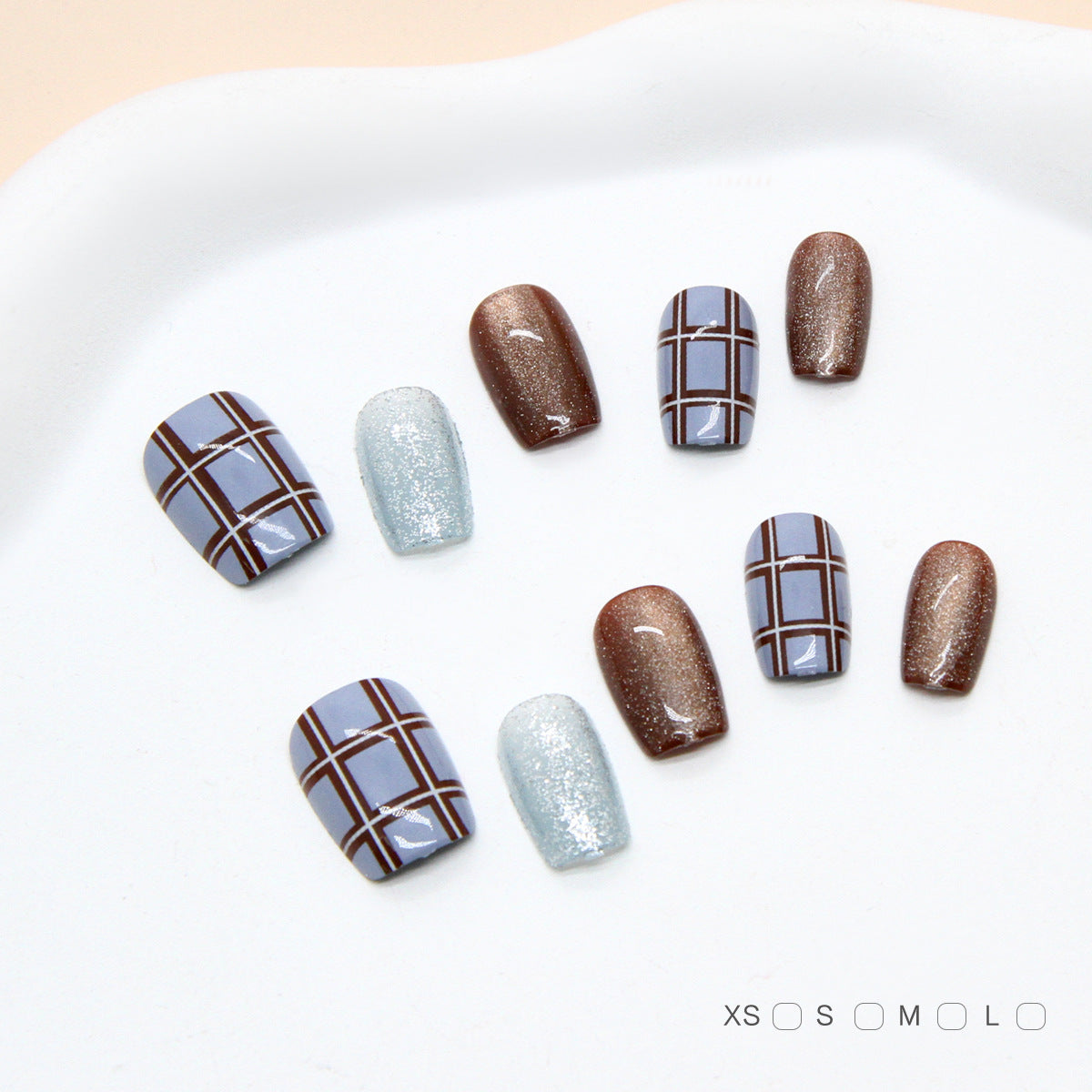 Chic Cozy Vibes Short Coffin Blue Brown Glitter Checkered Press On Nail Set