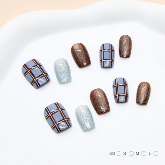 Chic Cozy Vibes Short Coffin Blue Brown Glitter Checkered Press On Nail Set