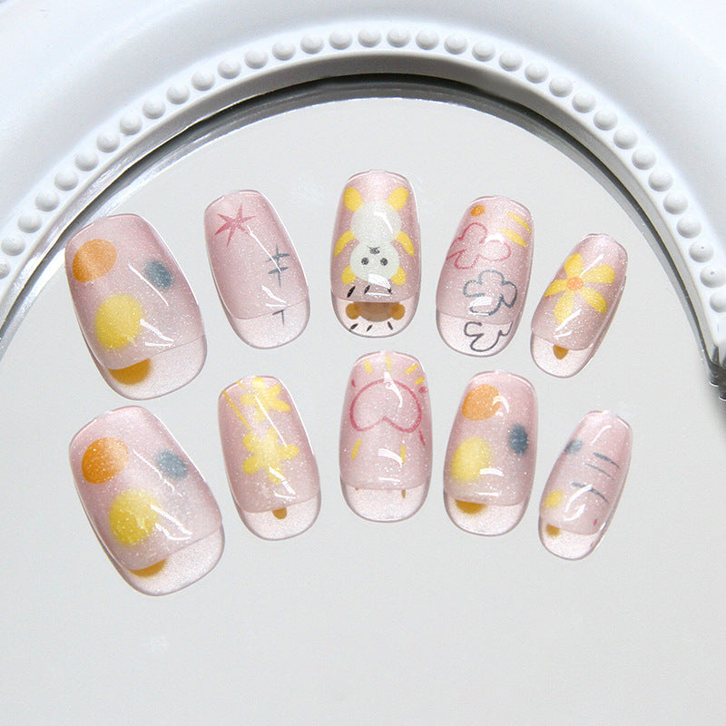 Charming Blossom Pink Short Coffin Press On Nail Set with Glittery Floral Designs