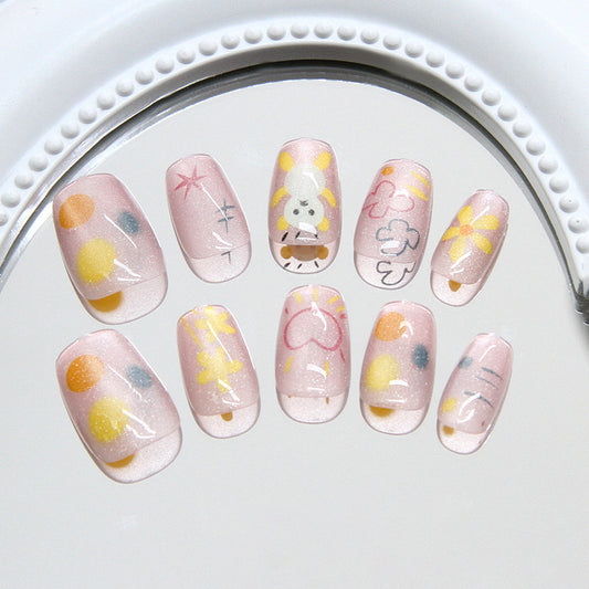 Charming Blossom Pink Short Coffin Press On Nail Set with Glittery Floral Designs
