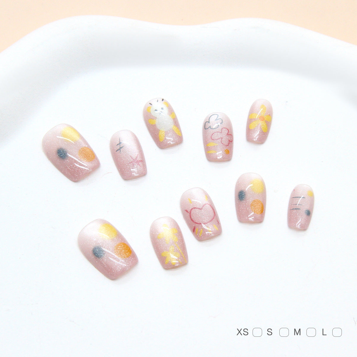 Whimsical Floral Dream Sparkling Pink Short Coffin Press On Nail Set with Unique Illustrated Designs