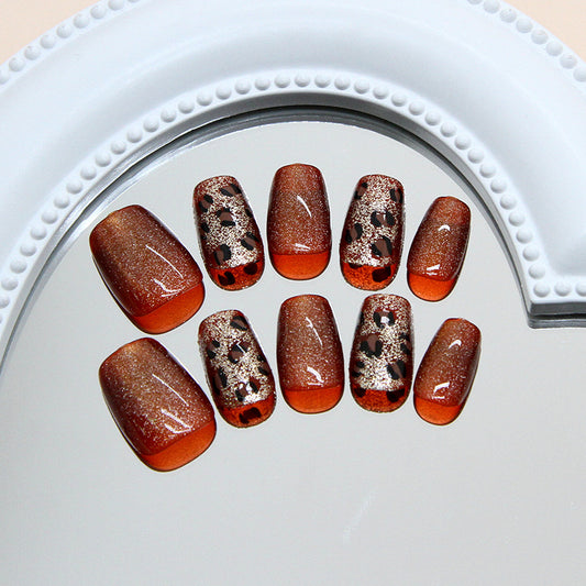 Savannah Sunset Medium Coffin Amber Press On Nail Set with Glittering Leopard Print Accents
