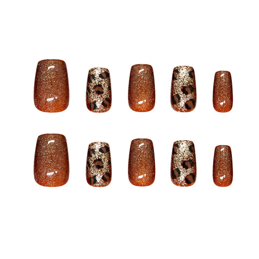 Wild Safari Glamour Medium Square Press-On Nails with Shimmering Brown Base and Chic Leopard Accent