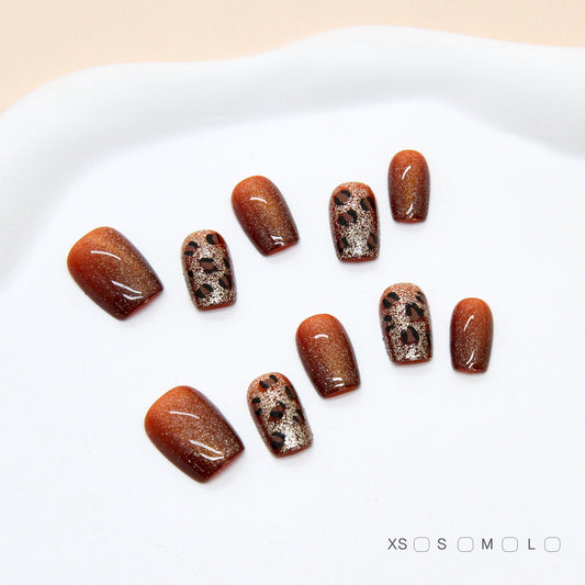 Savannah Sunset Medium Coffin Brown Gradient with Glittering Leopard Print Press On Nail Set