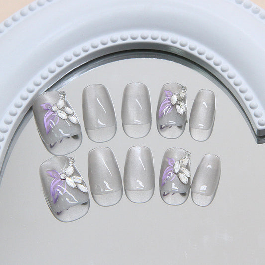 Whimsical Elegance Short Square Gray with Lavender Floral Design and Sparkling Accents Press-On Nail Set