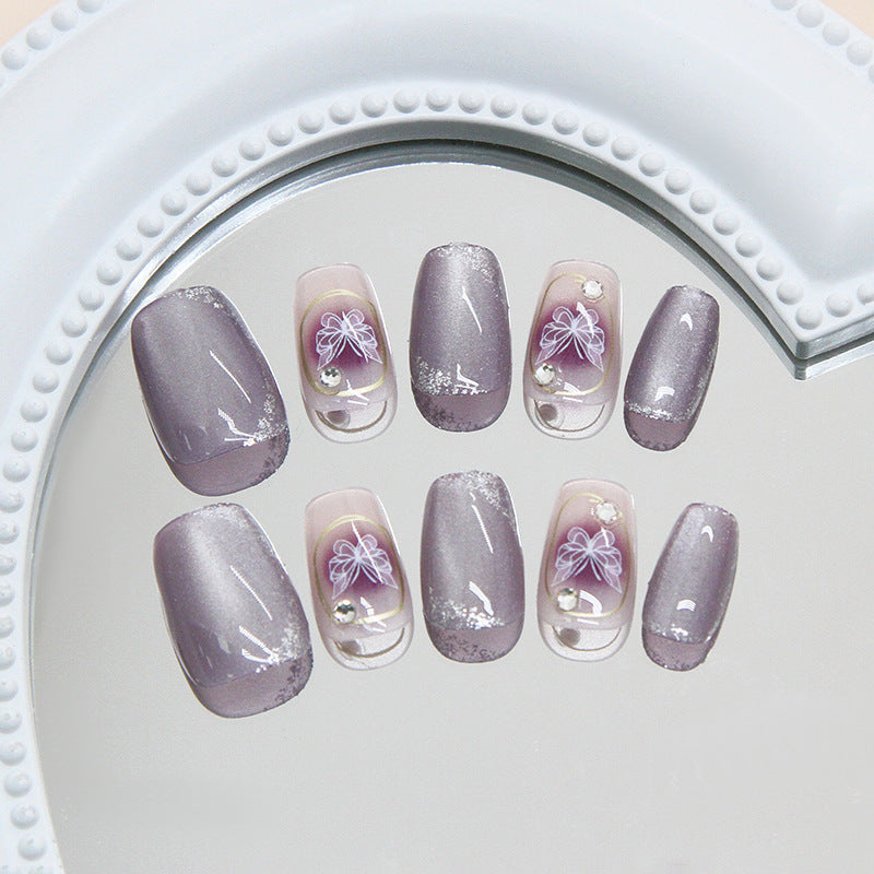 Whimsical Dreamscape Elegant Medium Square Lavender Press On Nail Set with Floral Embellishments