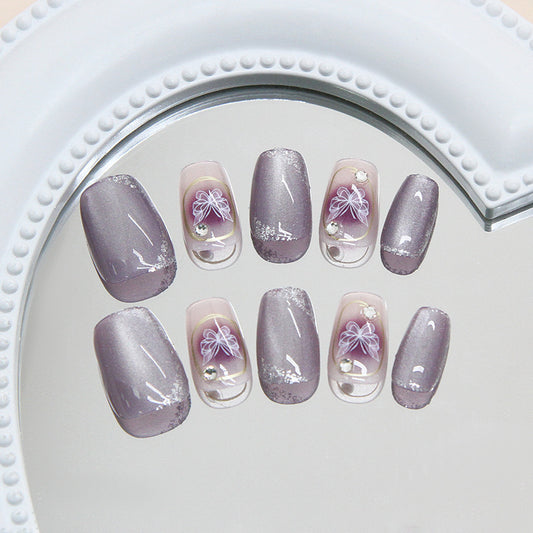 Whimsical Dreamscape Elegant Medium Square Lavender Press On Nail Set with Floral Embellishments