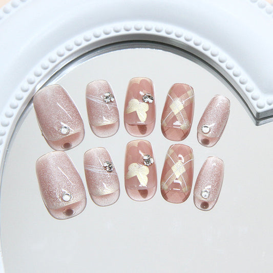 Chic Blossom Medium Square Blush Pink with Sparkling Accent Gems Nail Set