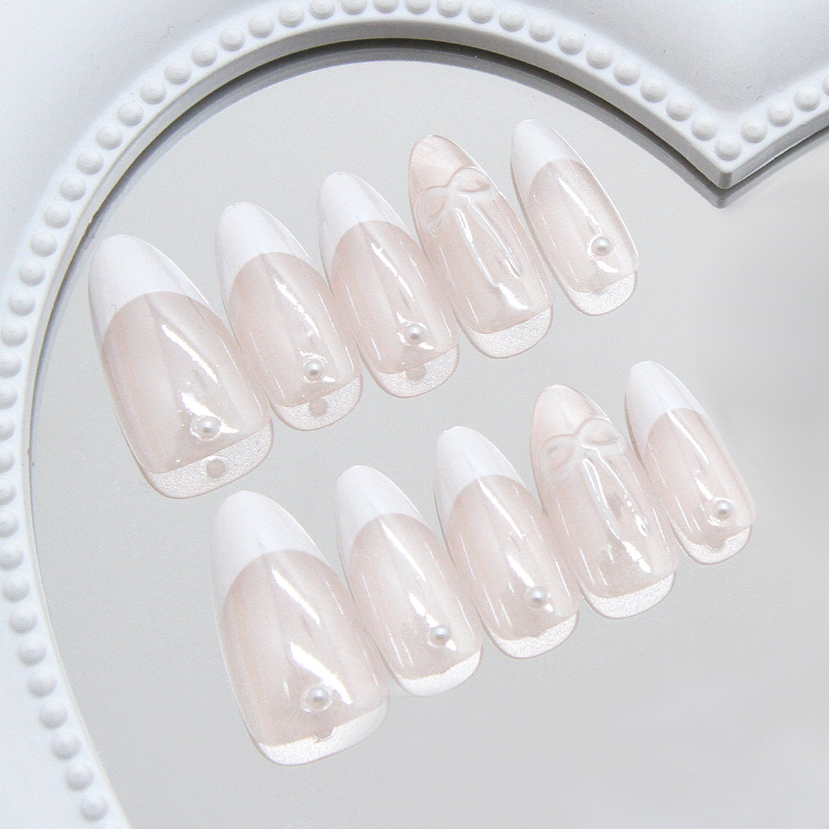 Glamorous Dreamy Medium Almond Shaped Beige and White Press On Nail Set with Elegant Pearls