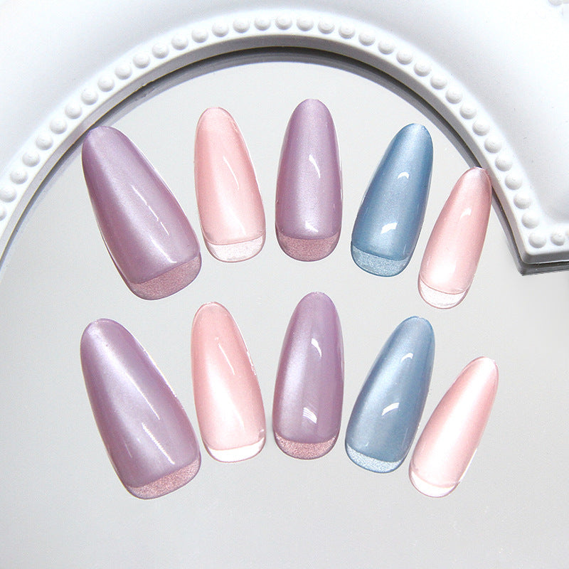 Whimsical Twilight Long Almond Shaped Lavender Pink and Blue Gradient Press On Nail Set with Iridescent Shine