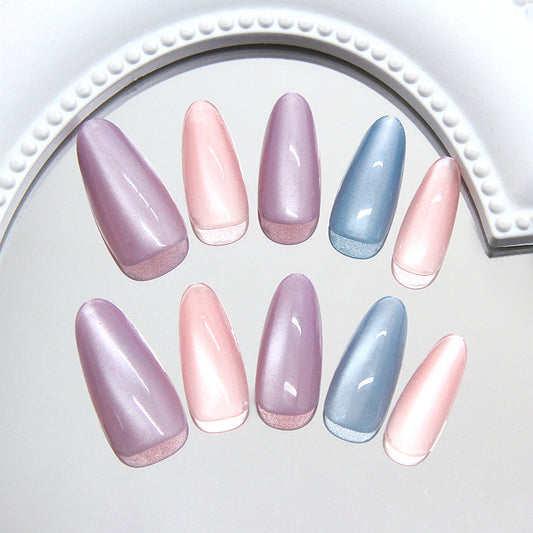 Whimsical Twilight Long Almond Shaped Lavender Pink and Blue Gradient Press On Nail Set with Iridescent Shine