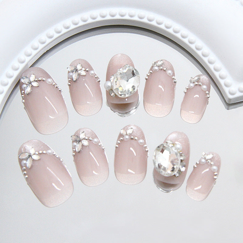 Glamorous Elegance Short Oval Shaped Blush Pink Press On Nail Set with Stunning Crystal Accents