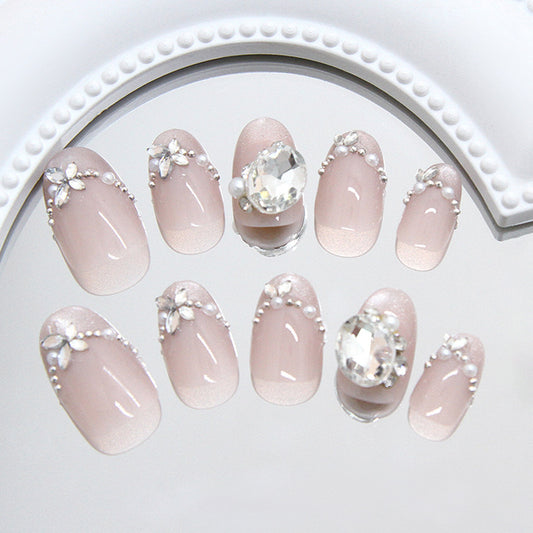 Glamorous Elegance Short Oval Shaped Blush Pink Press On Nail Set with Stunning Crystal Accents