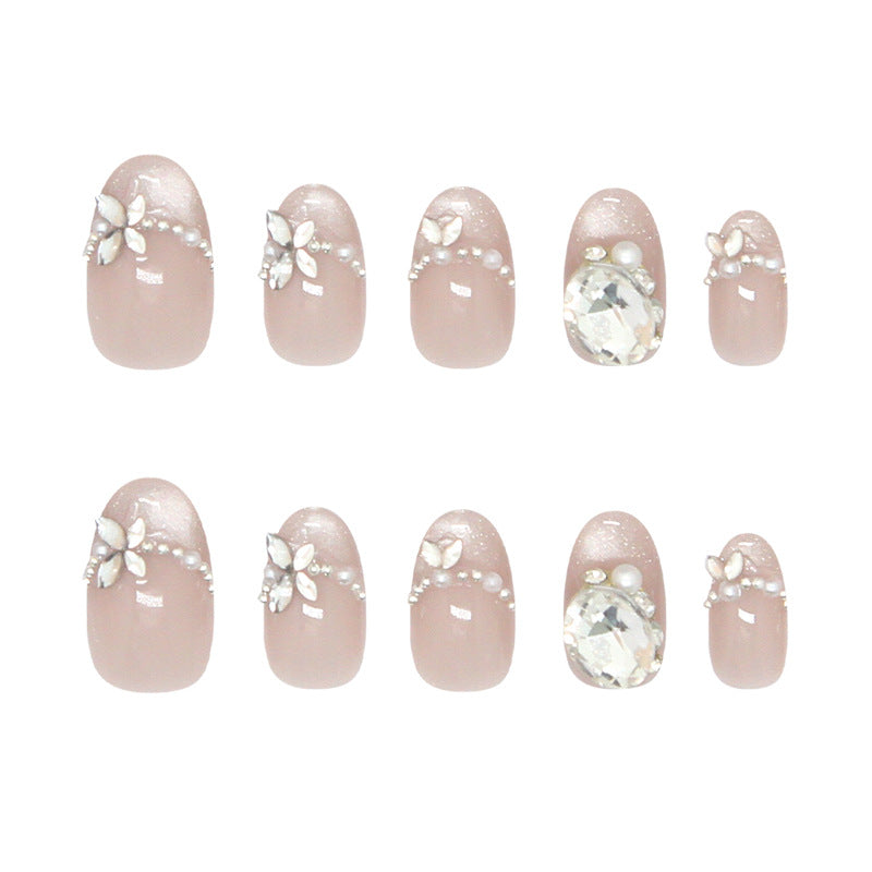 Charming Elegance Short Oval Soft Pink with Delicate Floral and Gemstone Embellishments Press On Nail Set