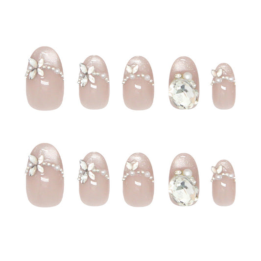 Charming Elegance Short Oval Soft Pink with Delicate Floral and Gemstone Embellishments Press On Nail Set