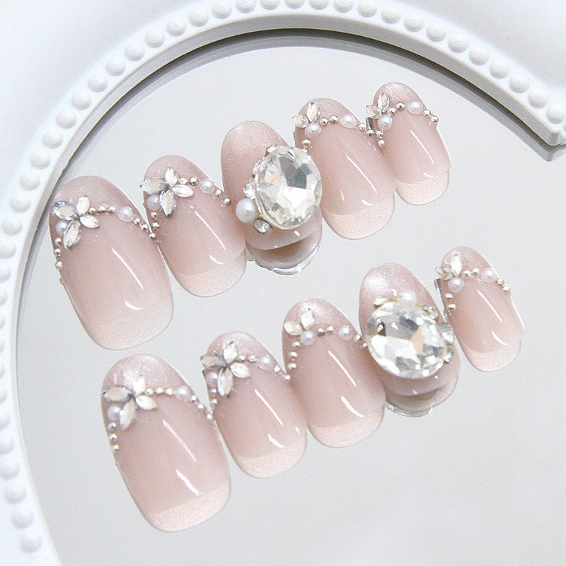 Glamorous Garden Short Oval Beige Press On Nail Set with Sparkling Gem Accents