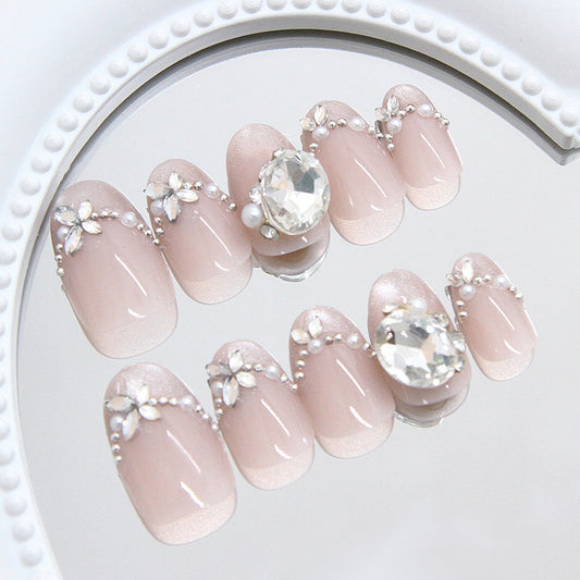 Glamorous Garden Short Oval Beige Press On Nail Set with Sparkling Gem Accents