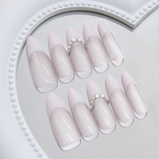 Glamorous Whisper Long Almond Press On Nail Set in Soft Pink with Dazzling Rhinestone Accent