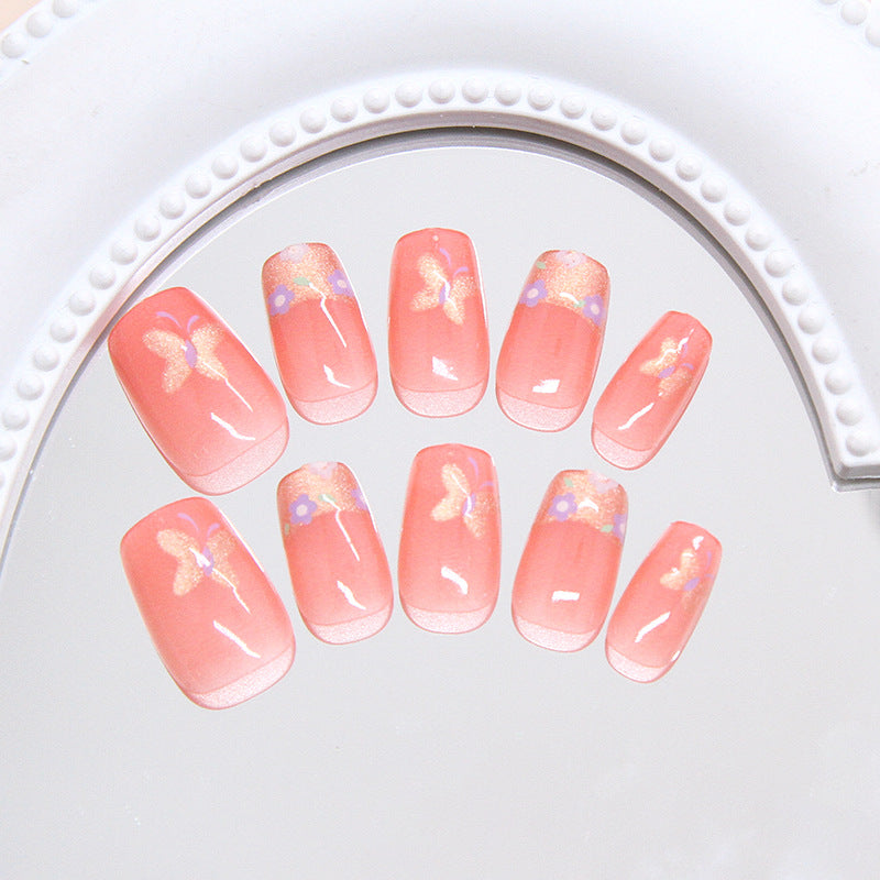 Butterfly Garden Short Square Peach Press On Nail Set with Glittering Floral Design