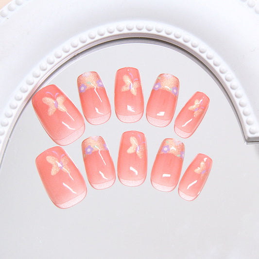 Butterfly Garden Short Square Peach Press On Nail Set with Glittering Floral Design