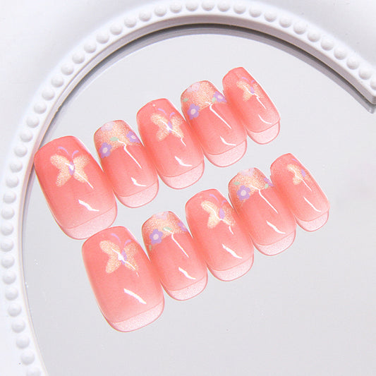 Whimsical Blossom Press On Nail Set Short Square Shaped Soft Pink with Butterfly Accent