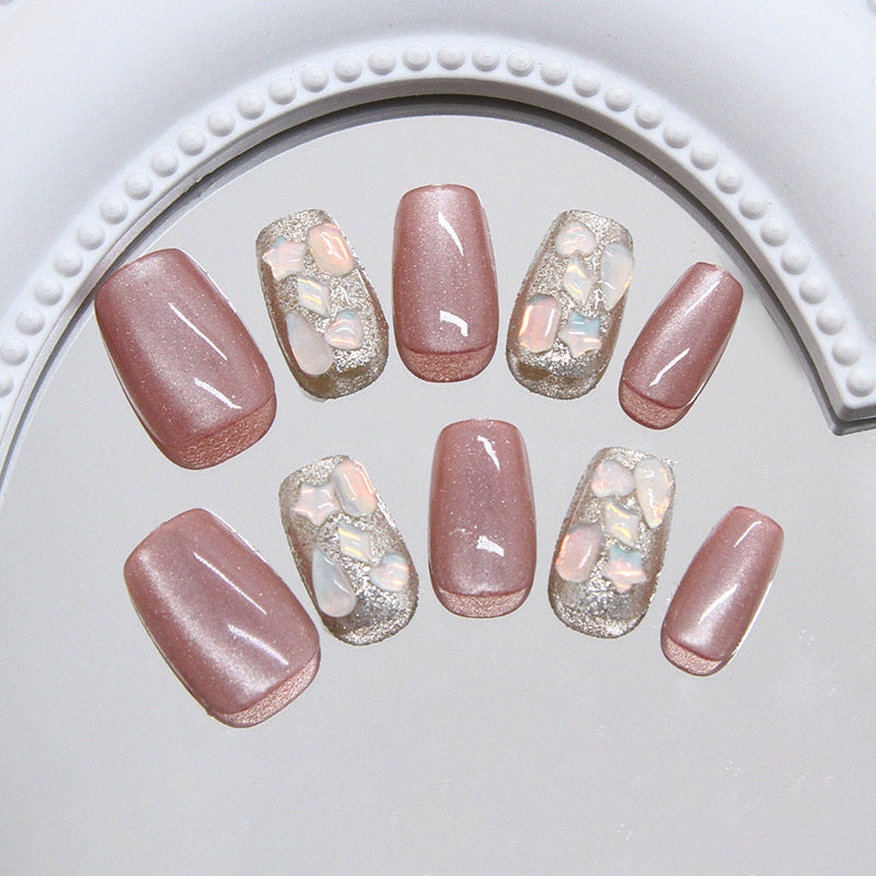 Glamorous Romance Short Square Blush Pink with Iridescent Gem Accents Press on Nail Set