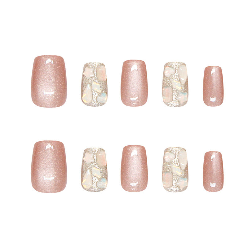 Glamorous Elegance Short Square Pink with Iridescent Glitter Accent Press On Nail Set