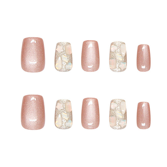 Glamorous Elegance Short Square Pink with Iridescent Glitter Accent Press On Nail Set