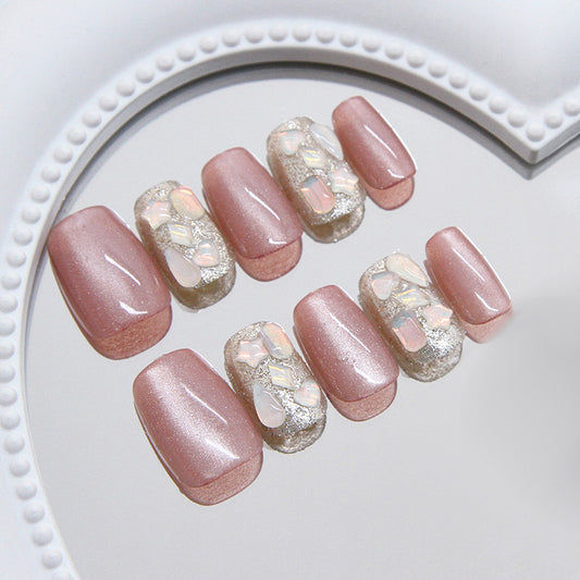Elegant Dreamscape Short Square Blush Pink Press on Nail Set with Iridescent Gemstone Accents