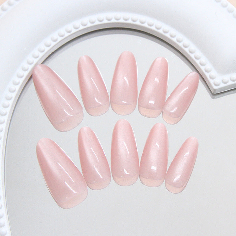 Chic Elegance Long Almond Pink Glossy Press On Nail Set with Iridescent Finish