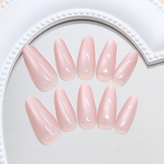 Chic Elegance Long Almond Pink Glossy Press On Nail Set with Iridescent Finish