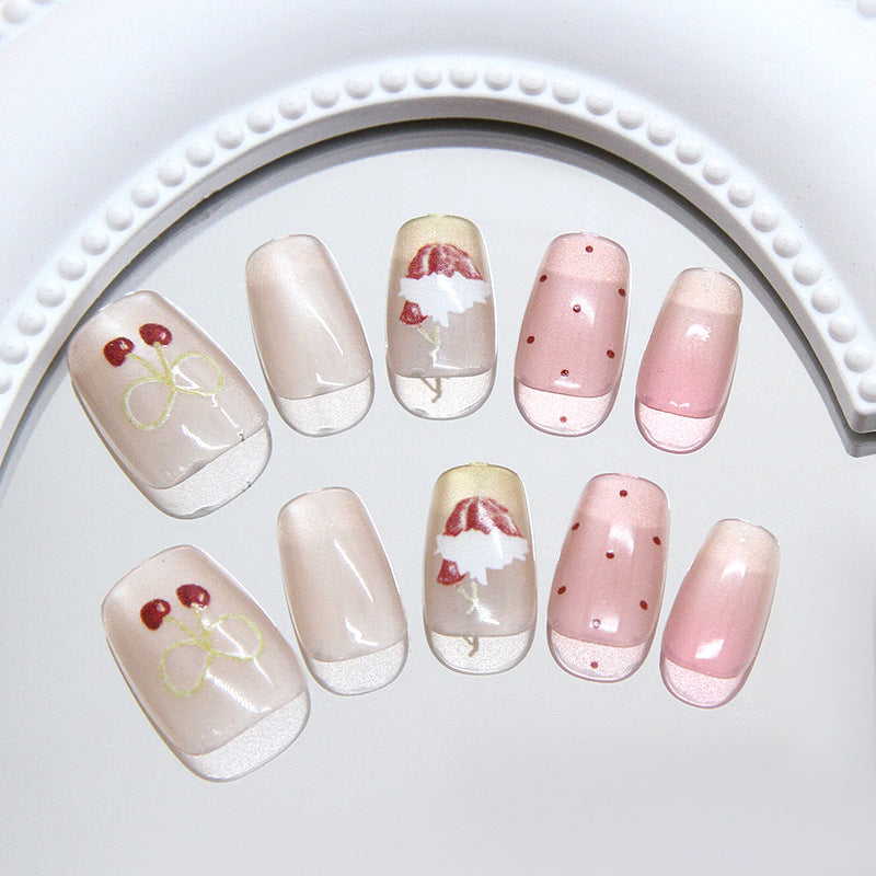 Cherry Blossom Dream Short Square Glossy Press On Nail Set with Floral Artwork and Polka Dot Accents