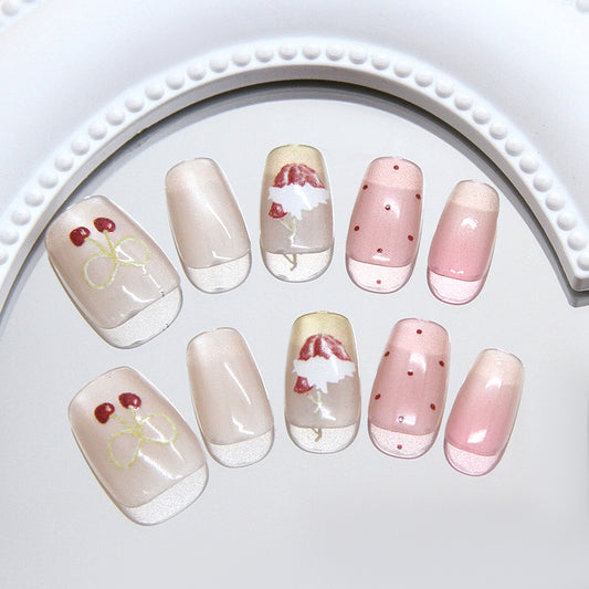 Cherry Blossom Dream Short Square Glossy Press On Nail Set with Floral Artwork and Polka Dot Accents