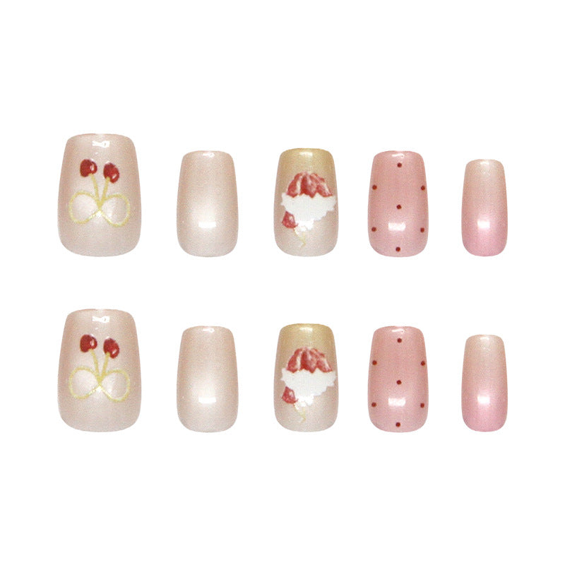 Sweet Treats Blush Pink Short Square Shape Press on Nail Set with Cherry and Cream Designs