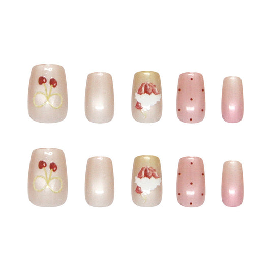 Sweet Treats Blush Pink Short Square Shape Press on Nail Set with Cherry and Cream Designs
