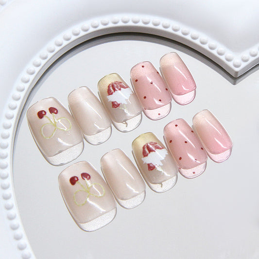 Charming Cherry Blossom Short Square Gel Nail Set in Soft Pink with Delightful Fruit Designs