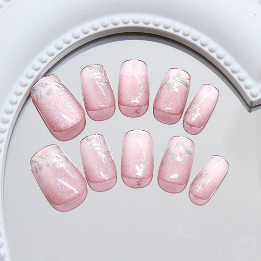 Whimsical Garden Chic Full Coverage Short Square Pink Press on Nail Set with Delicate Floral Design