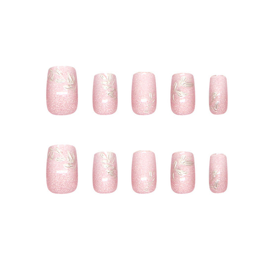 Whimsical Garden Short Square Soft Pink with Elegant Leaf Design Press On Nail Set