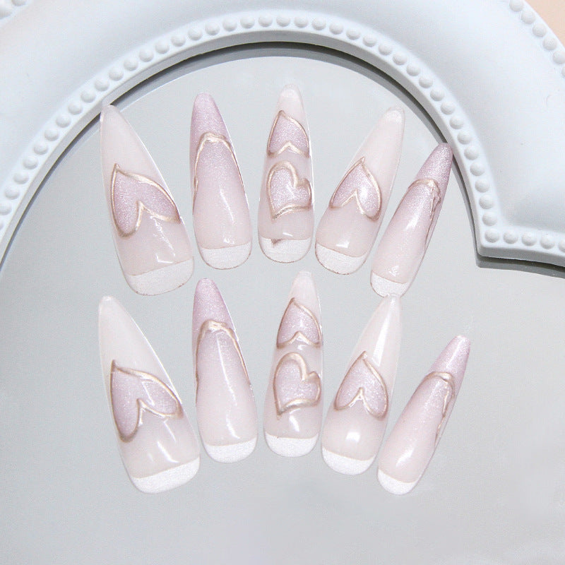 Romantic Elegance Long Almond Pink Glitter Press On Nail Set with Heart Design