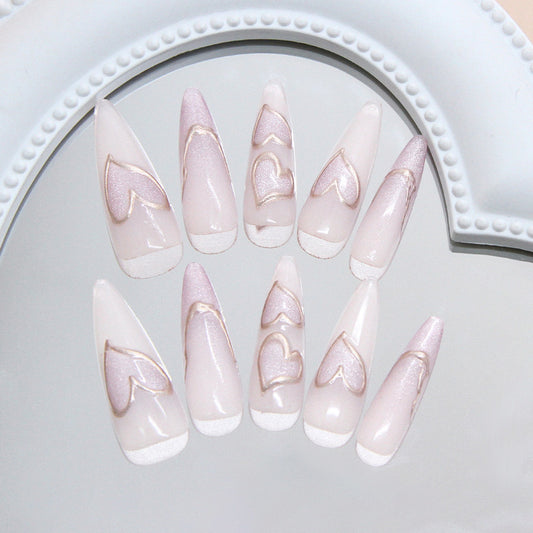 Romantic Elegance Long Almond Pink Glitter Press On Nail Set with Heart Design