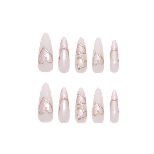 Romantic Elegance Long Almond Press on Nail Set in Soft Pink with Delicate Heart Accents