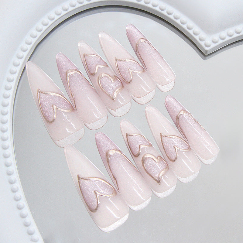 Romantic Dream Pink Long Almond Shape Press on Nail Set with Heart Accent Design