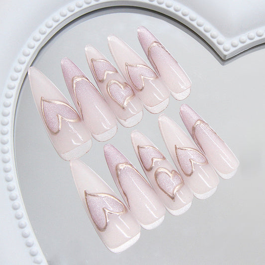Romantic Dream Pink Long Almond Shape Press on Nail Set with Heart Accent Design