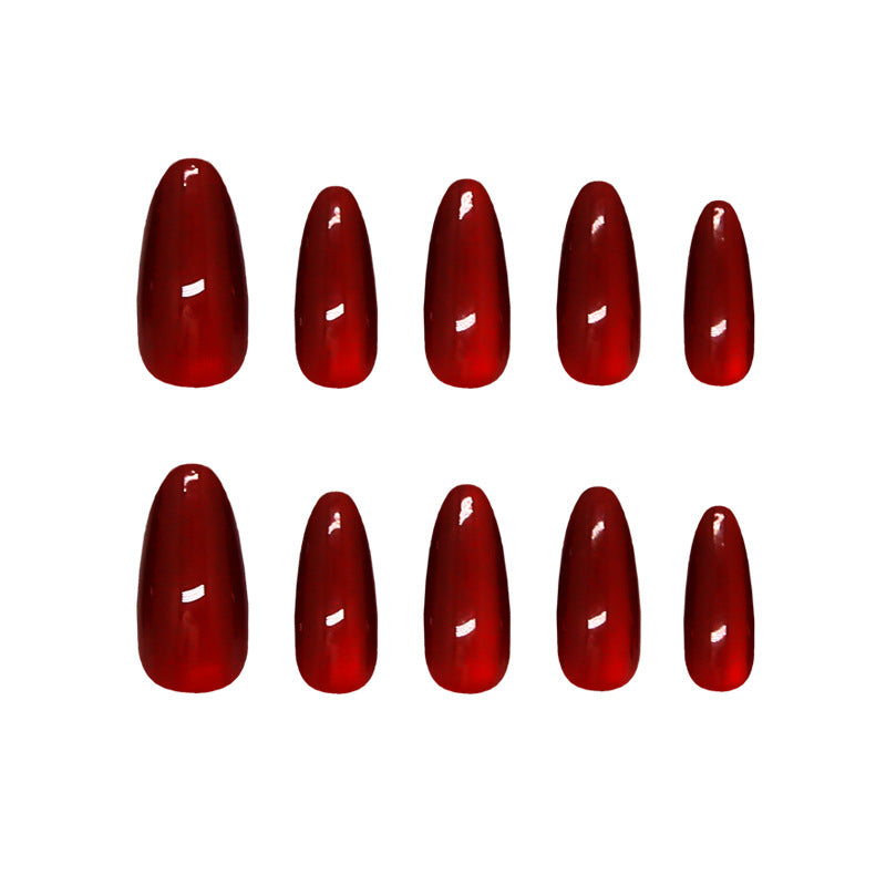 Elegant Romance Medium Almond Cherry Red Glossy Press On Nail Set with Captivating Shine