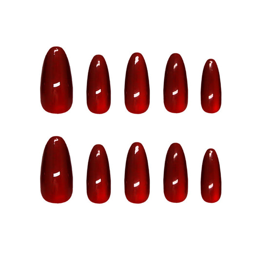 Elegant Romance Medium Almond Cherry Red Glossy Press On Nail Set with Captivating Shine
