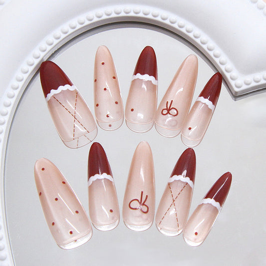 Chic Elegance Long Almond Shaped Burgundy and Beige Press-On Nail Set with Delightful Lace Accents